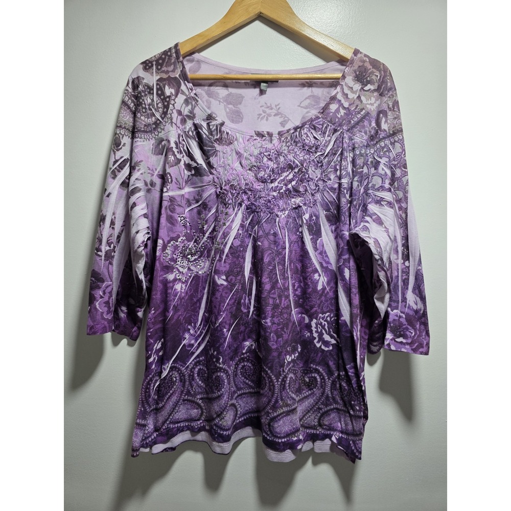 Essentials Women's Blouse Top Purple Floral And Paisley Print 3/4 Sleeve Size 3X